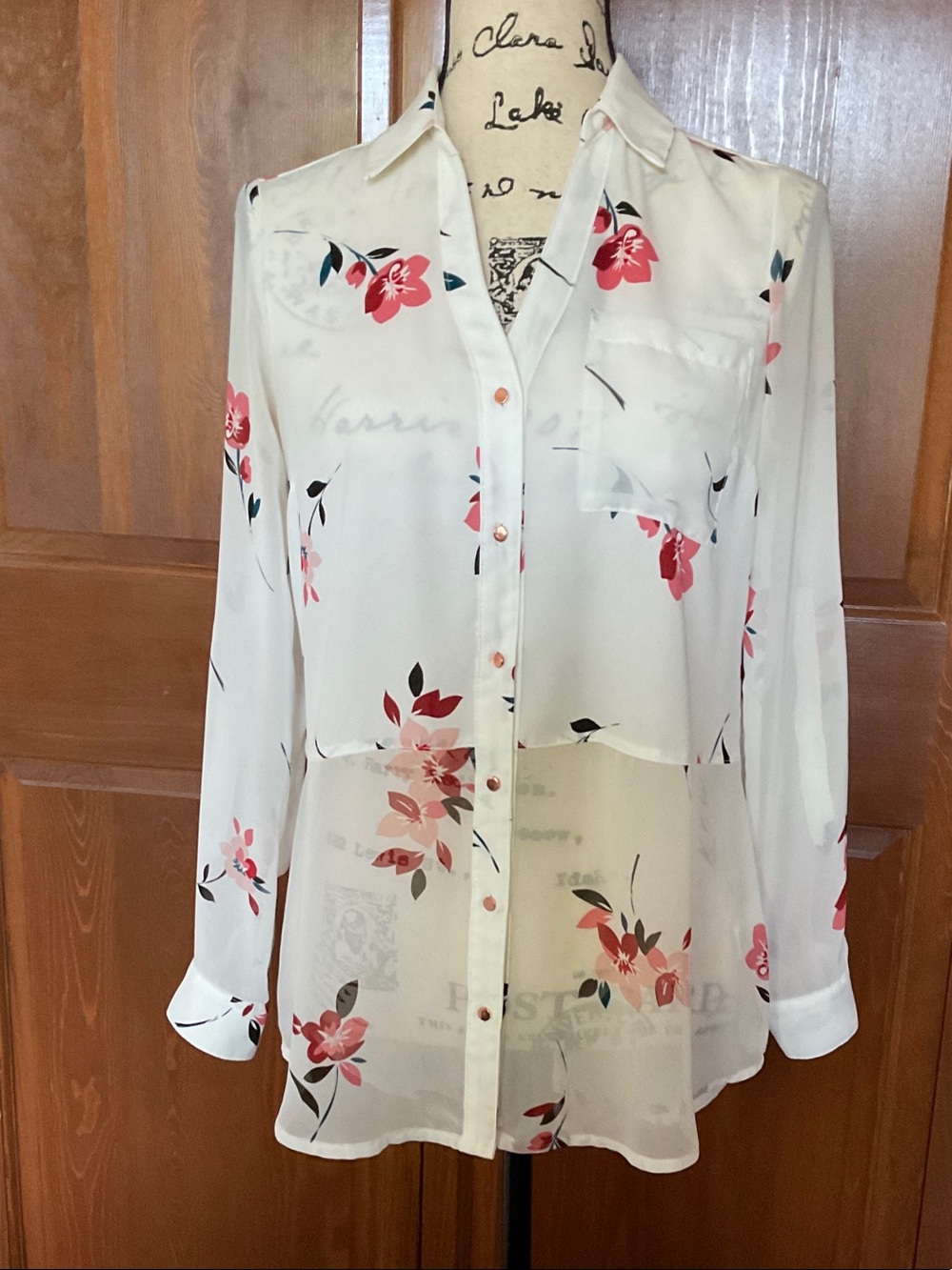 Candie's Floral Sheer Button Down Layered Long Sleeve Blouse Size Small